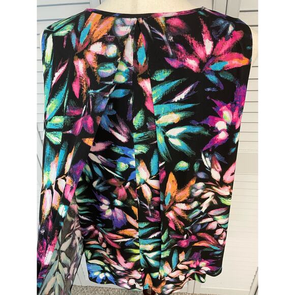 Rafaella black bright floral flowy overlay sleeveless shirt blouse womens medium - Picture 6 of 7